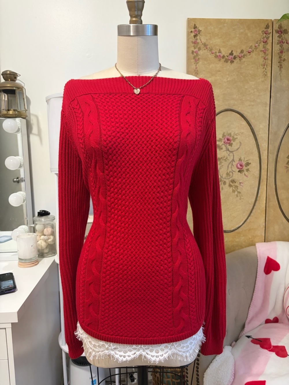 Tommy Hilfiger Red Off-the-Shoulder Cable Knit Sweater